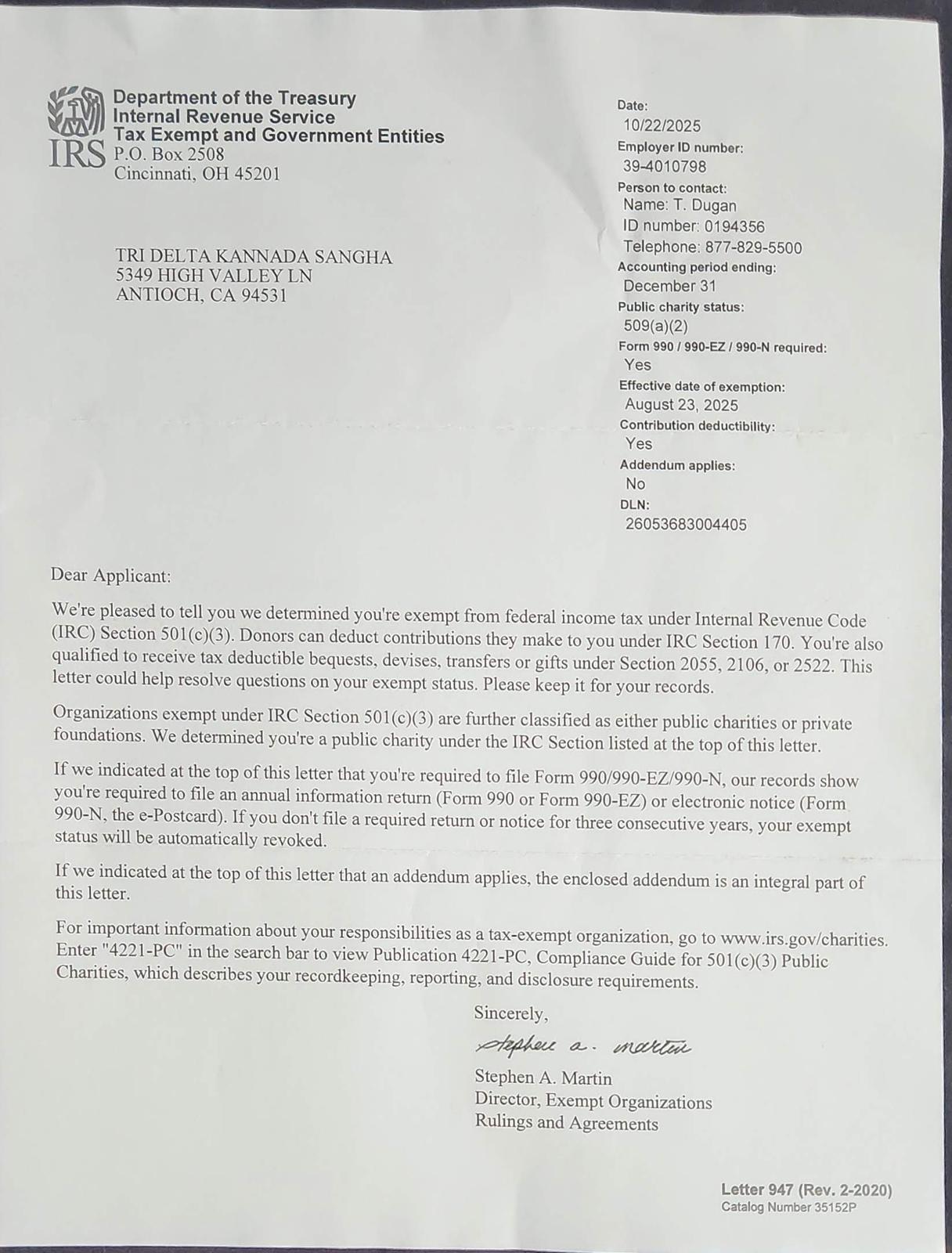 IRS determination letter dated October 22, 2025, confirming Tri Delta Kannada Sangha is exempt from federal income tax under IRC Section 501(c)(3)
